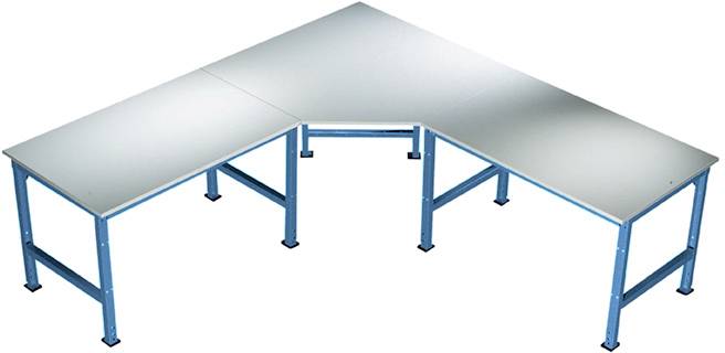 'Egy kék, háromrészes L alakú munkaasztal fehér asztallap borítással, irodákba vagy műhelyekbe egyaránt alkalmas.'