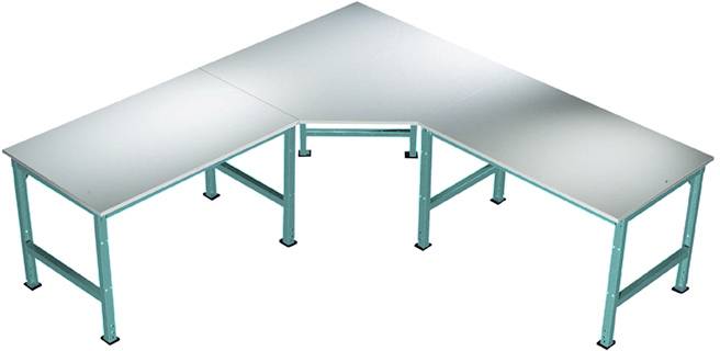 Egy L alakú asztal türkiz fém lábakkal és világosszürke asztallal.