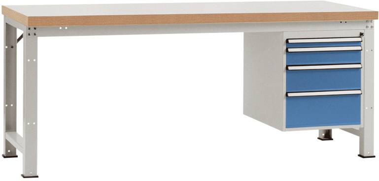 Fémvázas asztal fa asztallap és kék fiókos egység jobb oldalán. Alkalmas műhelyi vagy irodai berendezéshez.