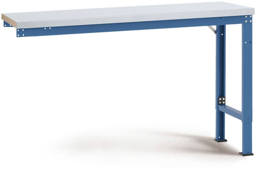 Egy hosszú kék asztal fémlábakkal. Alkalmas munkaasztalnak vagy munkapadnak.