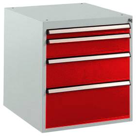 Manuflex SP1140.3003 BASETEC szekrény, helyhez kötött, használható magasság 500 mm, 4 fiókkal, rubinvörös RAL 3003