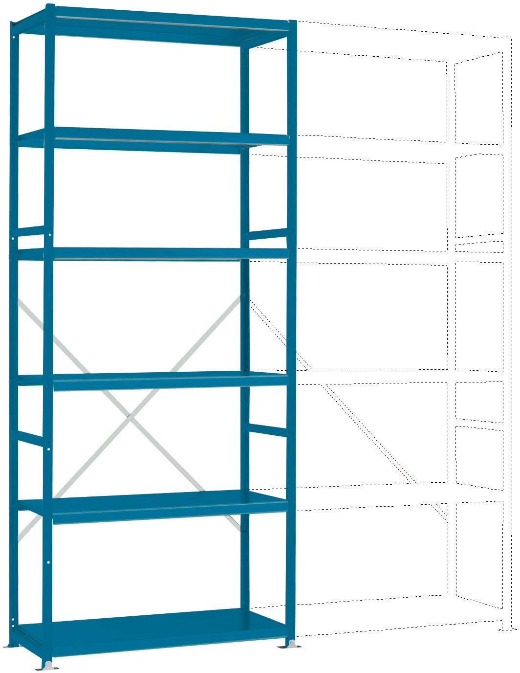 Kék fémpolc öt üres betétpolccal, mellette jobbra szaggatott vonalú körvonalak egy további polcszakaszról.