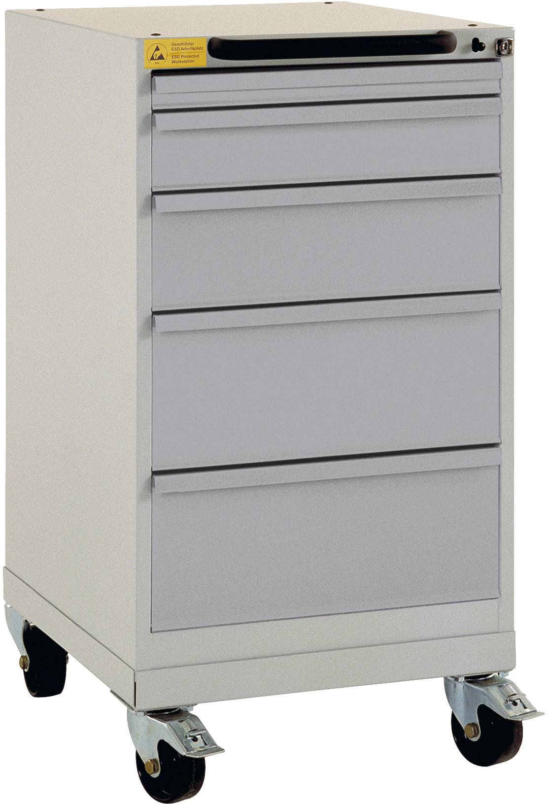 Manuflex LS1044.9006 ESD BASETEC mobil ESD fiókos szekrény, használható magasság 700 mm, 5 fiókkal, alumínium ezüstből, hasonló a RAL 9006-hoz