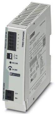 Szürke-kék elektronikus eszköz álló formátumban, feliratokkal és gombokkal; 34-38V DC feszültségellátásra szolgál.