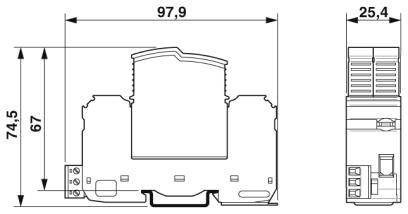 Egy elektromos komponens vázlata méretekkel: szélesség 97,9 mm, magasság 74,5 mm. Oldalnézet mutatja a mélységet 25,4 mm-ben.