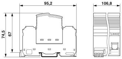 Műszaki rajz egy elektromos készülékről méretekkel: szélesség 95,2 mm, magasság 74,5 mm, mélység 106,8 mm. Elölnézet és oldalnézet.