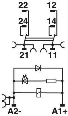 'Kapcsolási rajz: Fent, dupla kapcsoló érintkezőkkel 11, 12, 21, 22, 14, 24. Lent, elektromos áramkör diódákkal és ellenállással.'