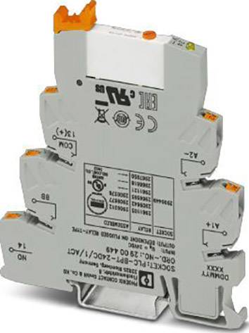 Szürke-fehér elektronikai alkatrész több csatlakozóval és narancssárga elemekkel, álló helyzetben.