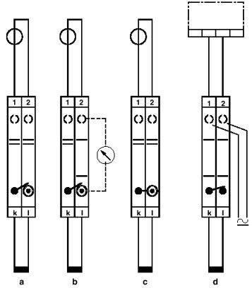 Négyféle hidraulikai kapcsolási rajz diagramja (a-d), amelyek különböző szelepállásokat mutatnak. A (b) ábrán egy nyomásmérő műszer van beépítve.