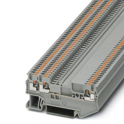 Szürke sínbilincs több csatlakozási ponttal, ideális elektromos telepítésekhez és bekötéseknek kapcsolószekrényekben.
