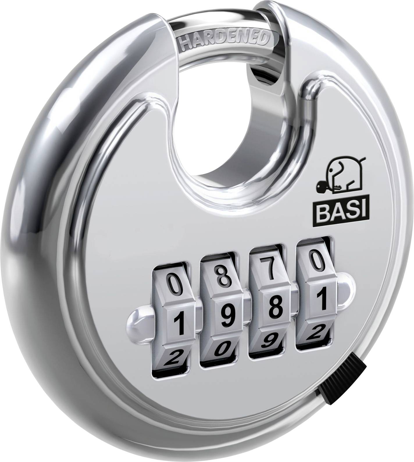 Egy kerek ezüst kombinációs lakat négy forgatható számtárcsával, amelyek a „0870" számokat mutatják. A lakat egy elefántot ábrázoló logóval és a „BASI" szóval van megjelölve.