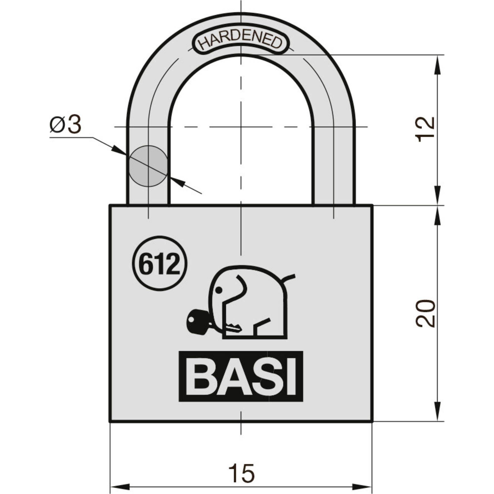 Egy lakat méretekkel. Magasság 20 mm, szélesség 15 mm, kengyel vastagsága 3 mm, 'BASI' felirattal és a '612' számmal megjelölve.