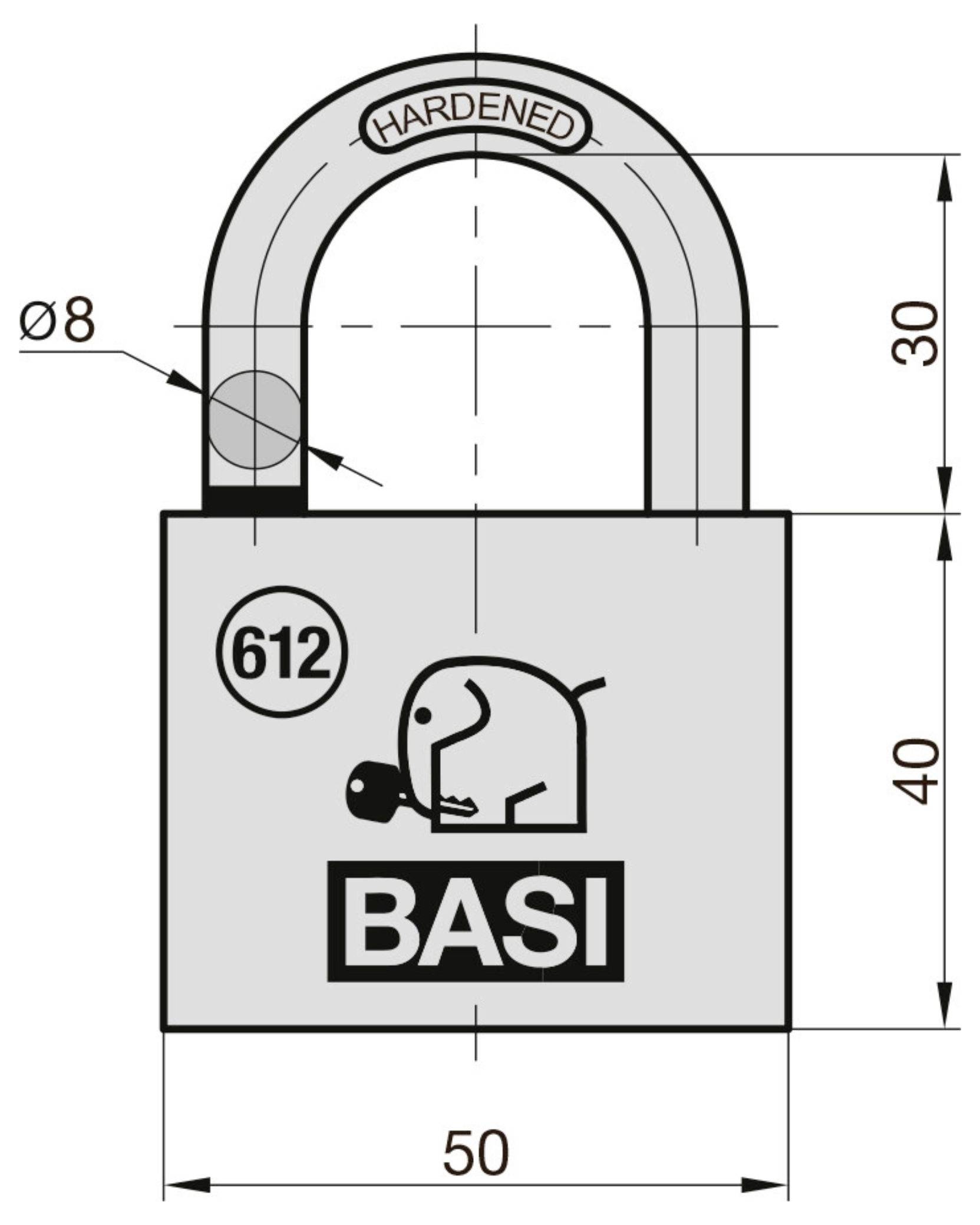 Egy lakat diagramja mérésekkel: 50mm szélesség, 40mm magasság a lakatzárhoz, 30mm magasság a biztonsági ívhez, 8mm átmérőjű biztonsági ív.
