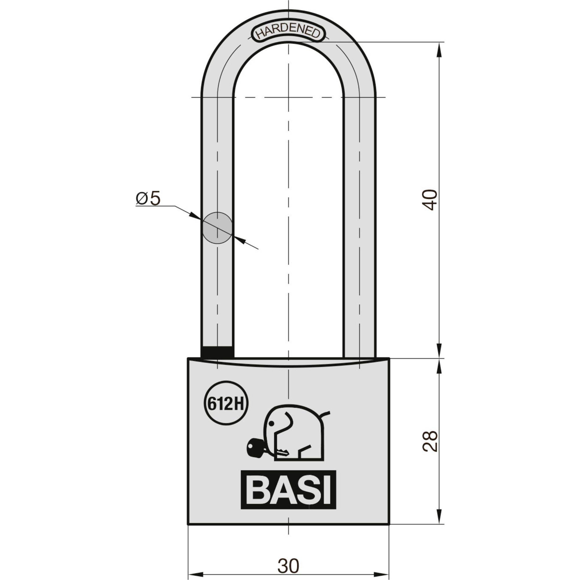Egy lakat ábrázolása a következő méretekkel: szélesség 30 mm, magasság 68 mm. 'BASI' jelölés és '612H' típus. Szárátmérő 6 mm.