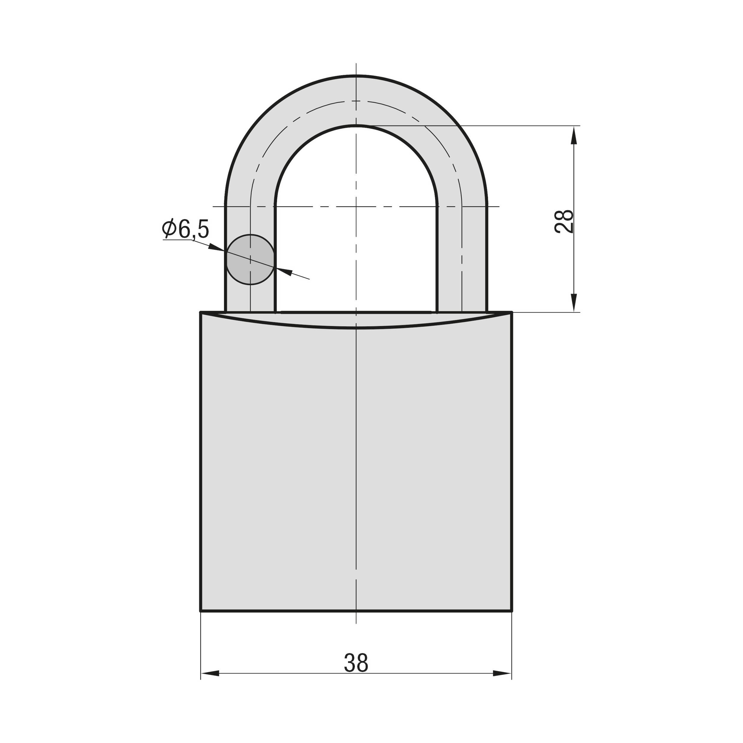 Egy lekerekített sarkú téglalap alakú lakat ábrázolása. Méretei: szélesség 38 mm, magasság 28 mm, kengyel átmérője 6,5 mm.