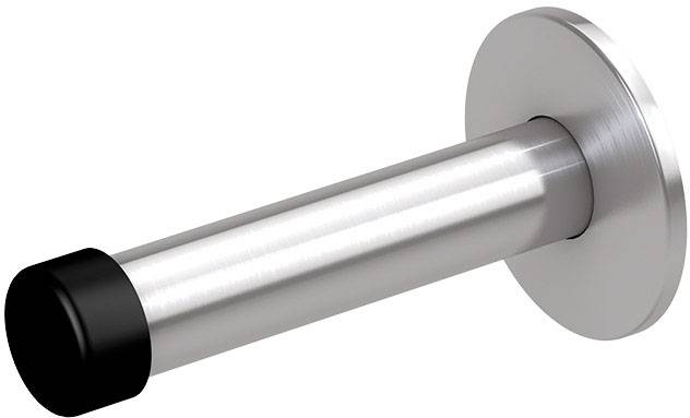 Egy hengeres, fém ajtótámasz kerek talapzattal és fekete kupakkal a végén.