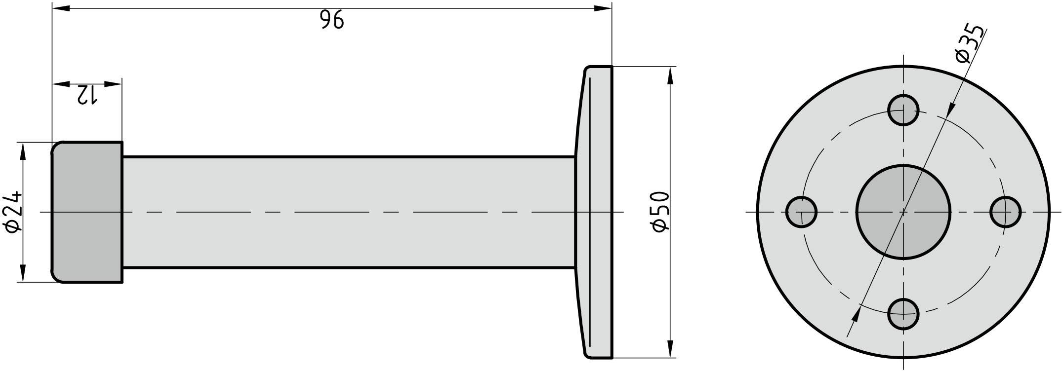 Műszaki rajz egy hengeres csapról méretekkel: hosszúság 96 mm, átmérő 24 mm, fejátmérő 50 mm; furaatok a homlokfelületen.