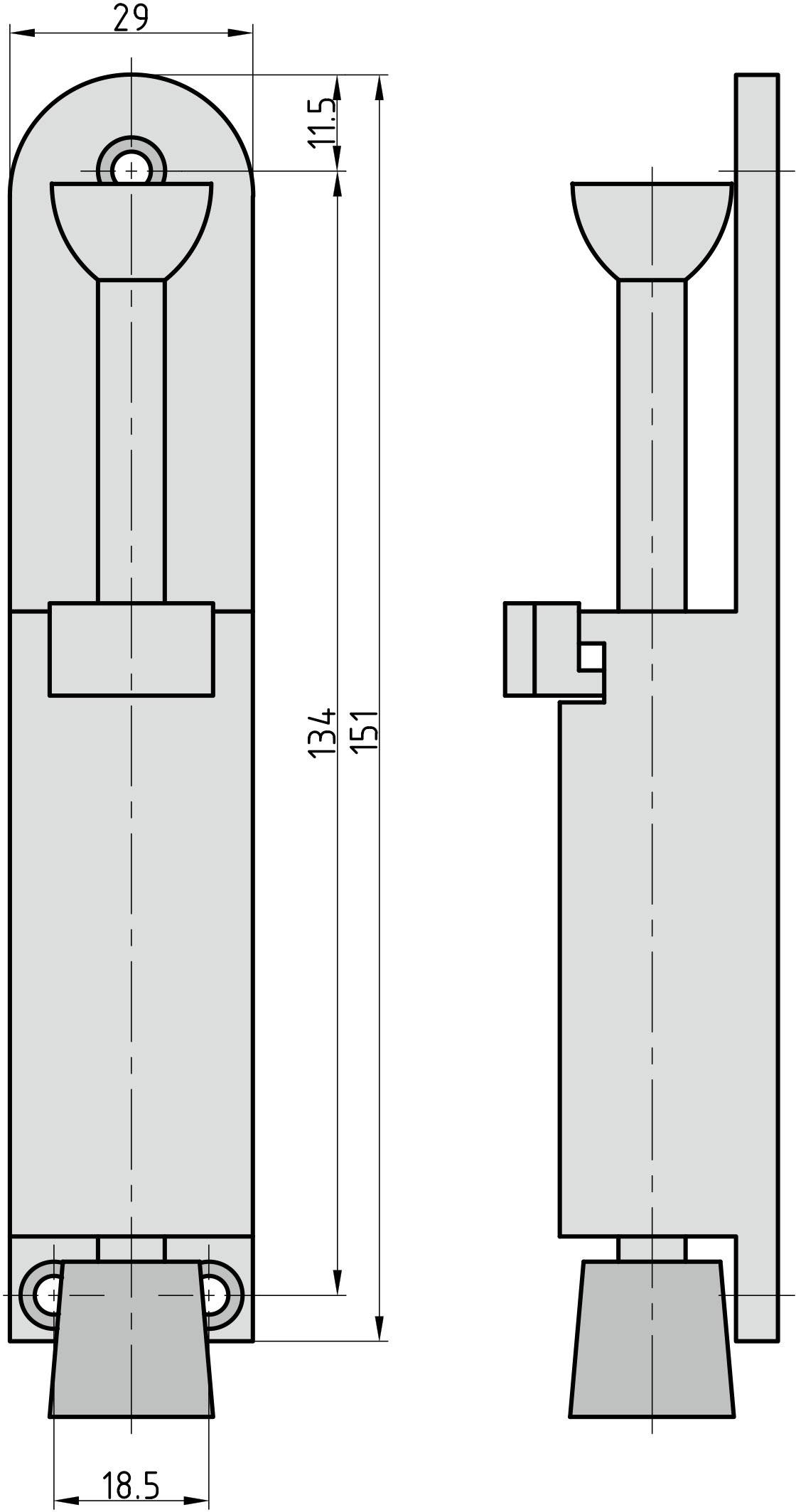 Műszaki rajz egy stopper elemről: elölnézet és oldalnézet. Méretek: teljes hosszúság 151 mm, szélesség 29 mm, alapszélesség 18,5 mm.