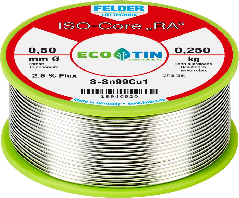 Felder márkájú forrasztóón tekercs, ISO-Core „RA" modell, 0,50 mm átmérő, 0,250 kg, tartalmaz gyantát, 2,5% folyasztószert, gyártva Németországban.