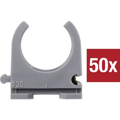 Szürke, 20 mm átmérőjű műanyag csőbilincs, mellette egy piros négyzet fehér '50x' felirattal.