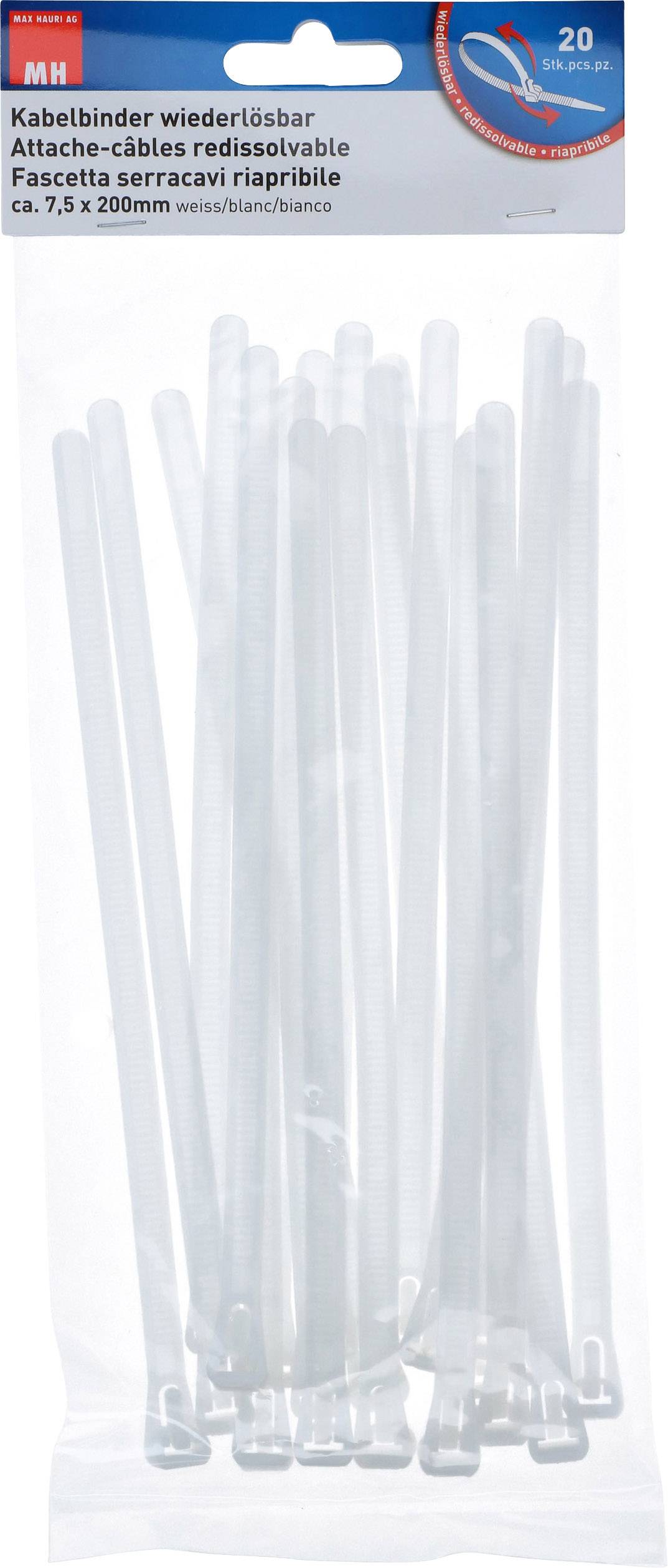 Max Hauri 136684 Kábelkötöző 200 mm 7.5 mm Fehér Nyitható 20 db