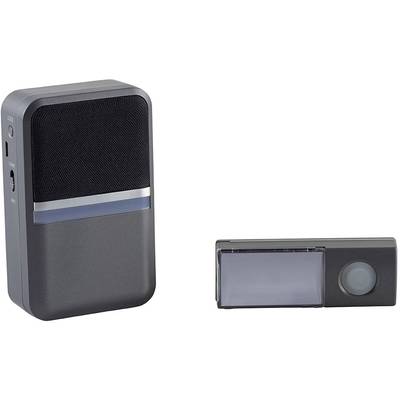 Vezeték nélküli kaputelefon szett szürke-fekete vevőegységgel és adóegységgel. A vevőegységen elöl hangszóró, az adóegységen egy gomb található.