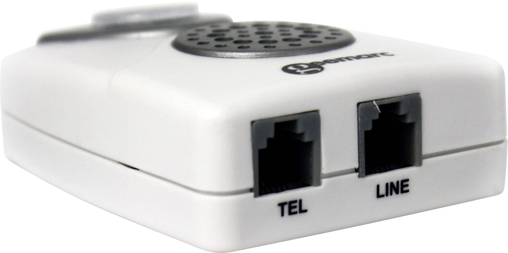 Egy fehér modem két csatlakozóval: 'TEL' és 'LINE', telefonos kapcsolatokhoz alkalmas. Felül egy szellőzőrács látható.