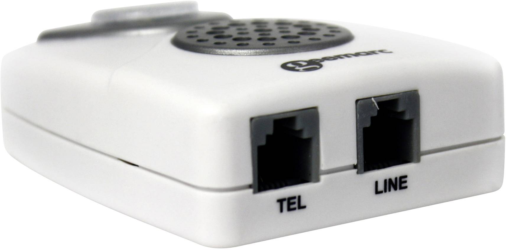 Kompakt, fehér telefon-kiegészítő két csatlakozóval ('TEL' és 'LINE'), amelyet telefonvezetékek csatlakoztatásához használnak.