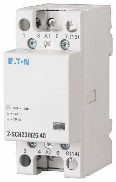 Egy fehér Eaton védőkapcsoló 'Z-SCH230/25-40' jelöléssel, 230V 50Hz feszültségre tervezve, felső és alsó csatlakozó kapcsokkal.