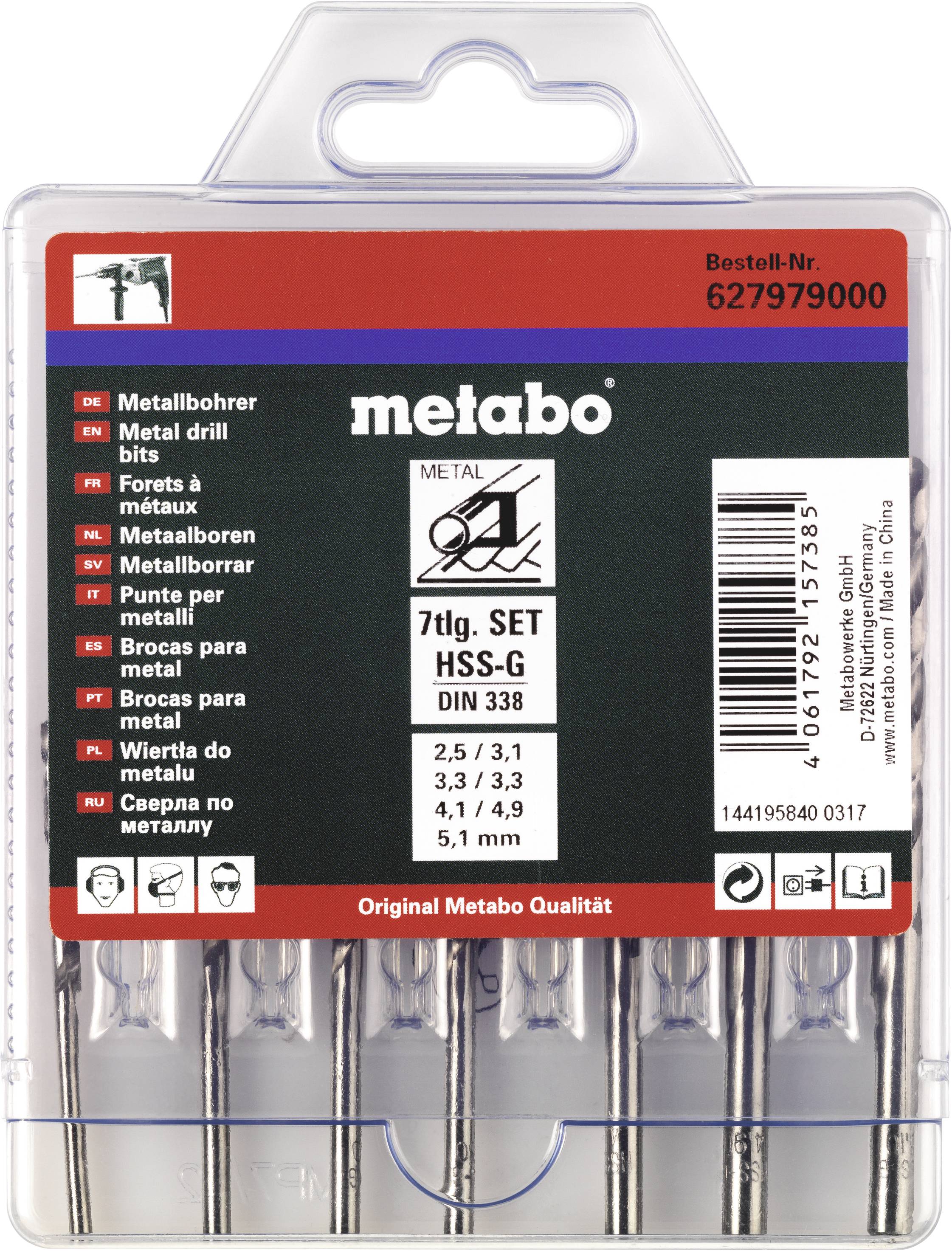 Metabo 2CPX062512R9999 HSS-G Acél Spirálfúró 7 részes 2.5 mm, 3.1 mm, 3.3 mm, 4.1 mm, 4.9 mm, 5.1 mm DIN 338 7 db