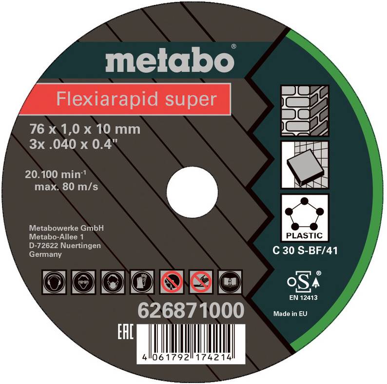 Kerek Metabo Flexiarapid szuperabrazív vágókorong címke, amely a 76 x 1,0 x 10 mm méreteket, műanyag felhasználást és a 626871000 termékkódot mutatja.