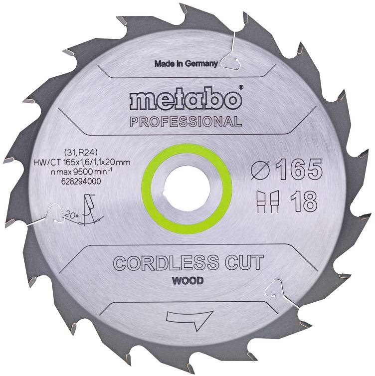 Metabo CORDLESS CUT WOOD 628295000 Körfűrészlap 165 x 20 x 1.1 mm Fogak száma (collonként): 36 1 db