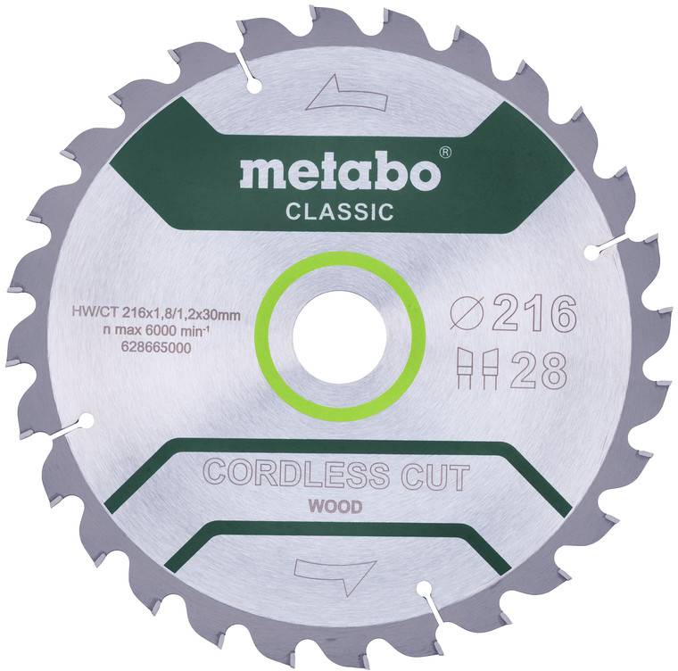 Metabo CORDLESS CUT WOOD CLASSIC 628665000 Körfűrészlap 216 x 30 x 1.2 mm Fogak száma (collonként): 28 1 db