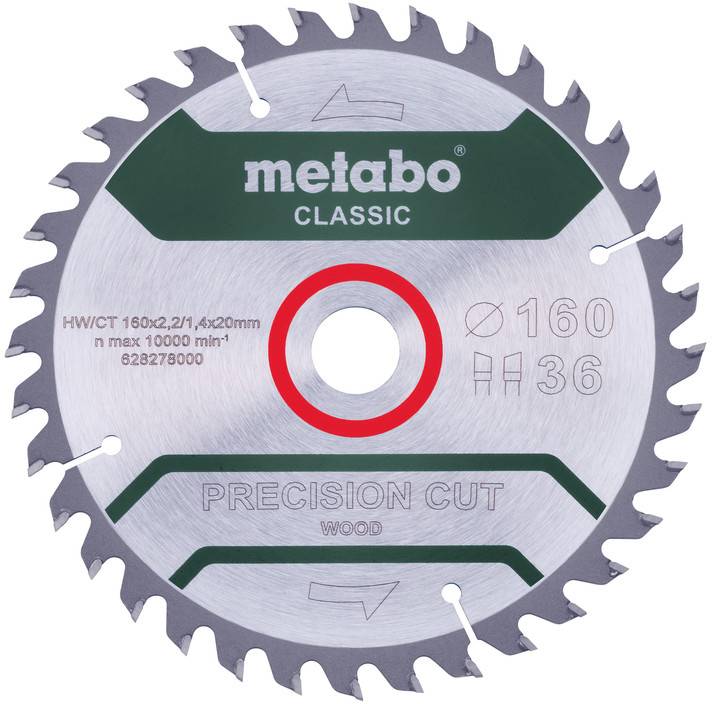 Egy kör alakú Metabo Classic precíziós fűrészlap fához, 160 mm-es és 36 fogas, piros központi gyűrűvel és ezüst fogú éllel.