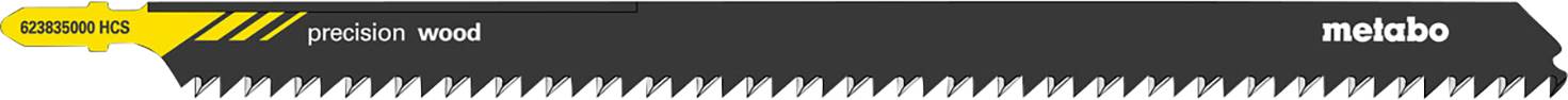 'Fűrészlap fának Metabo logóval és "precision wood" felirattal fekete háttéren.'