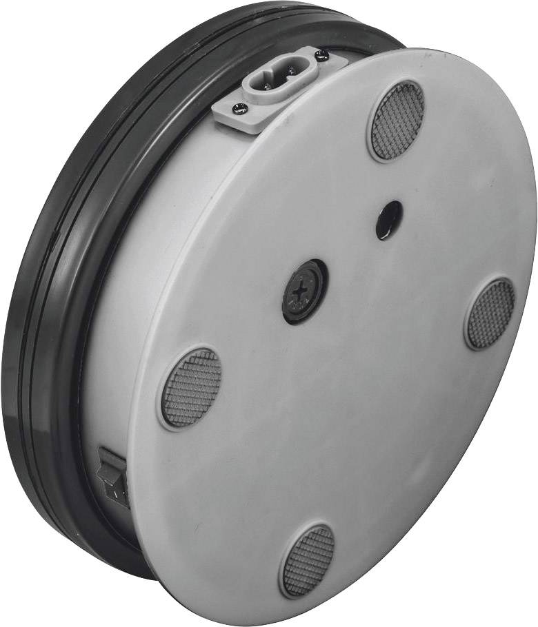 Egy kerek, szürke füstérzékelő, amelynek az alsó részén több érzékelő, a felső részén pedig egy négyszögletes csatlakozó található.