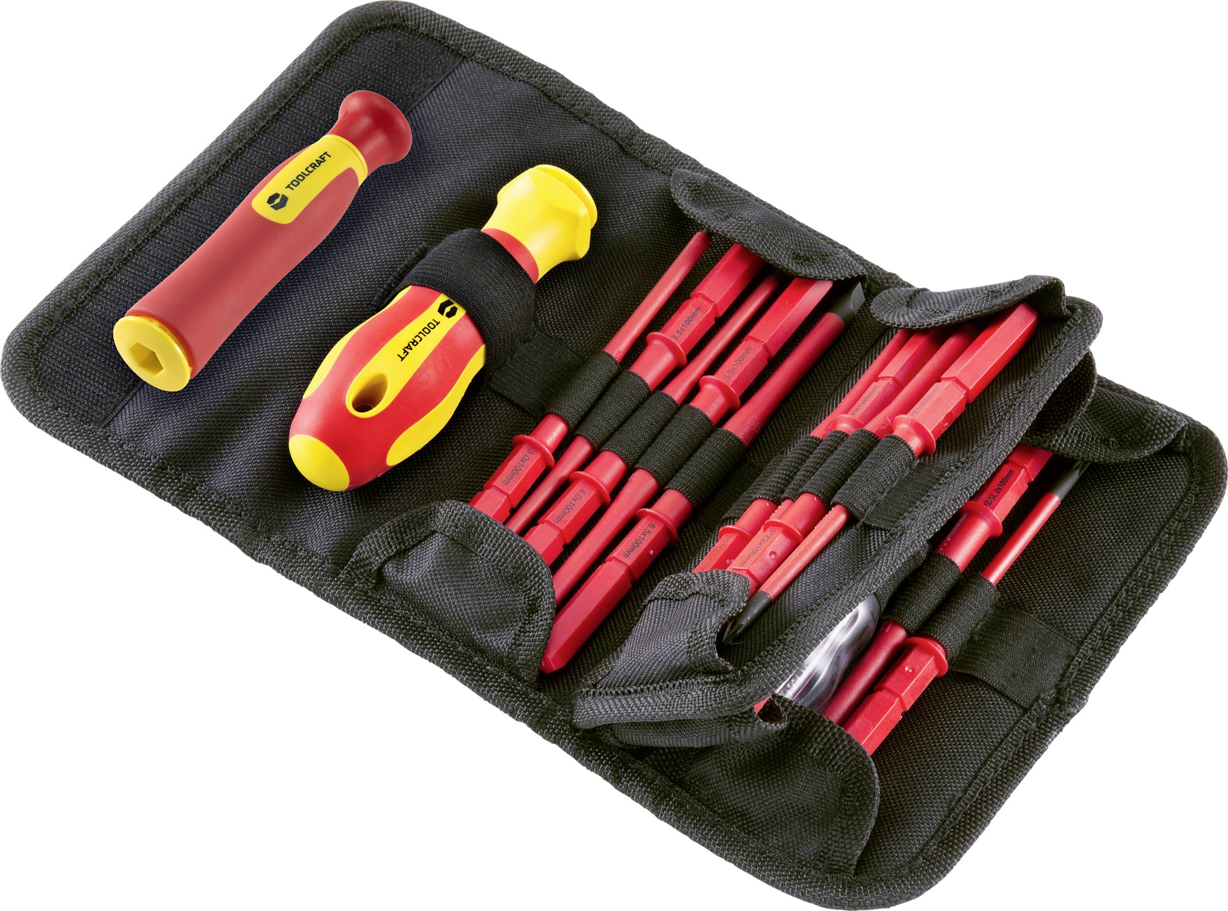 Csavarhúzó-készlet szigetelt fogantyúkkal és különböző típusú hegyekkel, nyitott fekete táskában, használatra készen.