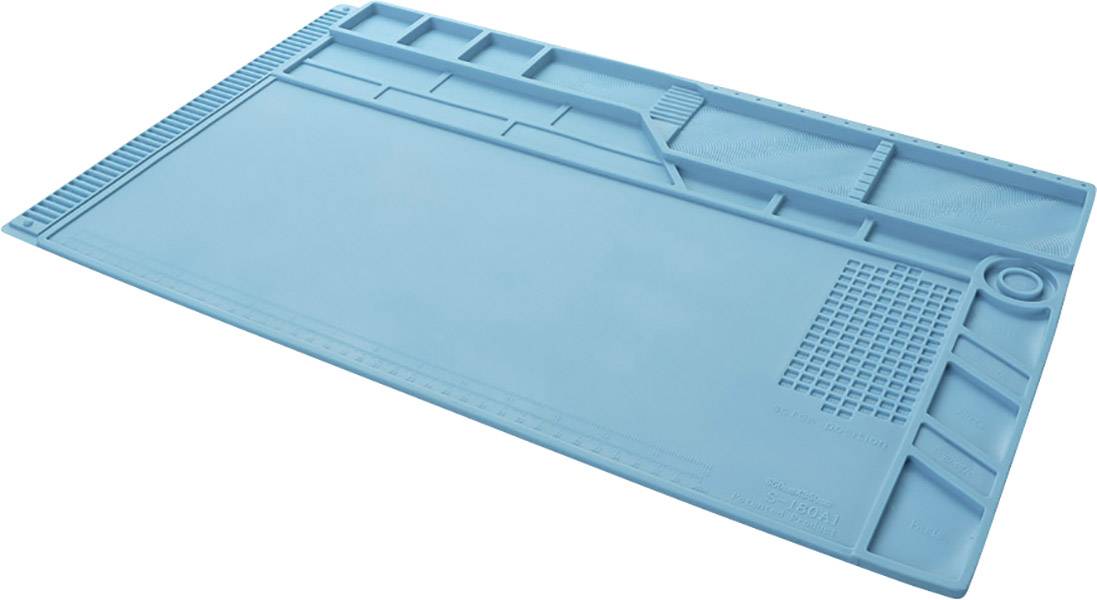 Kék szilikon munkalap elektronikai javításokhoz, rekeszekkel és jelölésekkel ellátva.