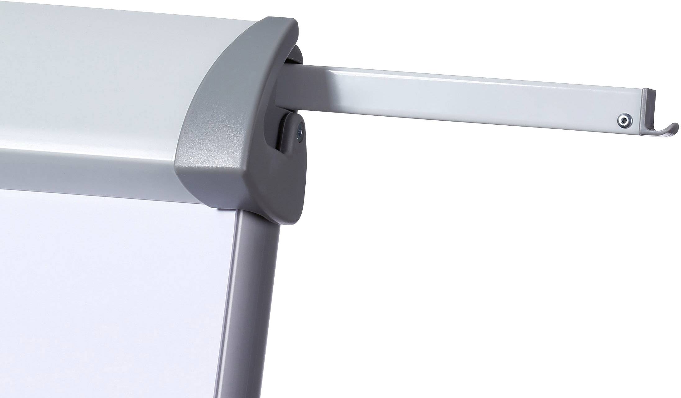 Egy szürke vetítővászon kihúzható karral, amely támasztékként szolgál.