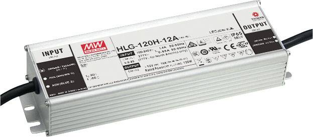 Elektronikus eszköz, amelynek felirata 'HLG-120H-12A'. Bemeneti és kimeneti csatlakozásokat, műszaki specifikációkat és elektromos biztonsági szimbólumokat mutat.