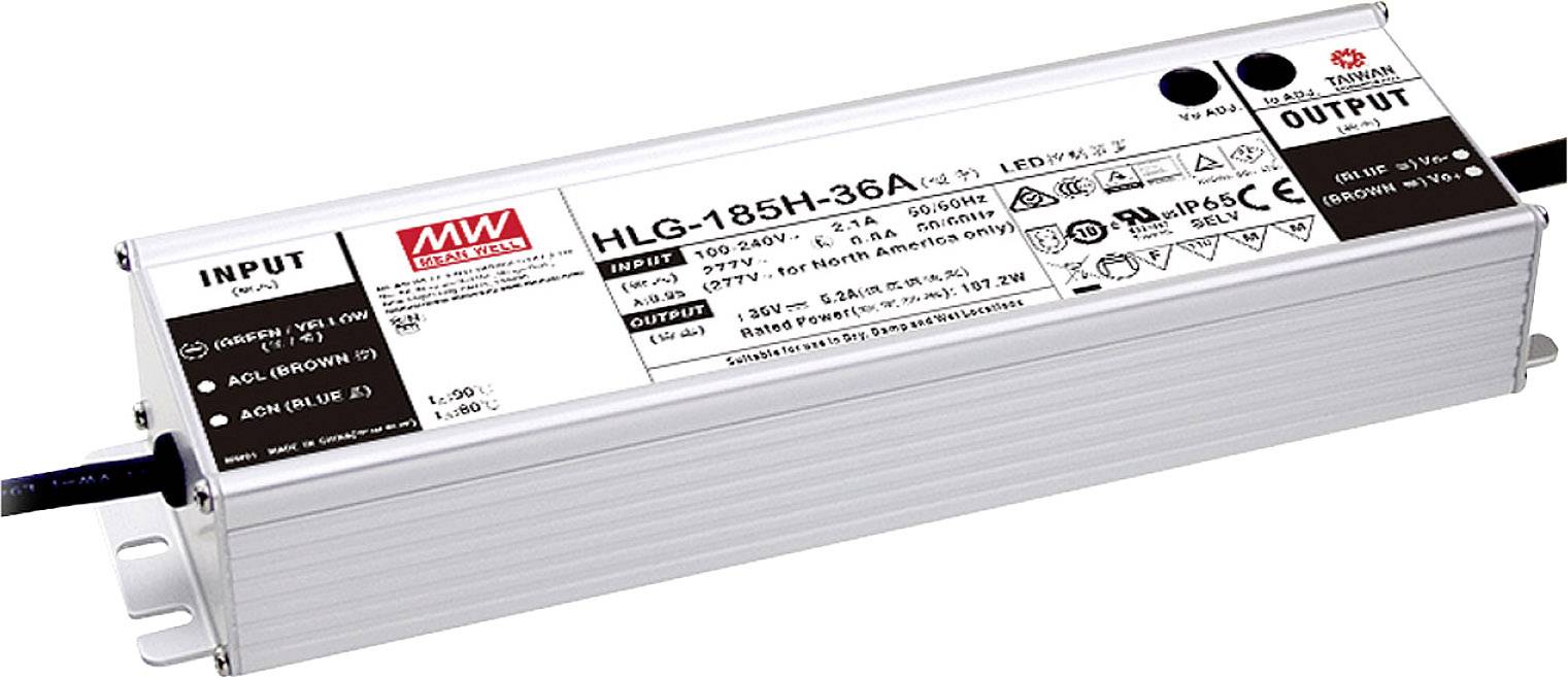 Mean Well HLG-185H-36A típusú LED-meghajtó. Bemeneti/kimeneti csatlakozók és különböző biztonsági tanúsítványok láthatók.