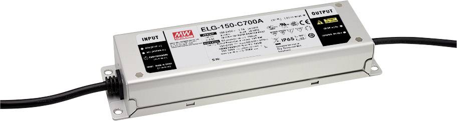 Fémházas elektronikus LED-meghajtó, a jelölés mutatja a márkát, modell: ELG-150-C700A, bemenetek és kimenetek mindkét oldalon.