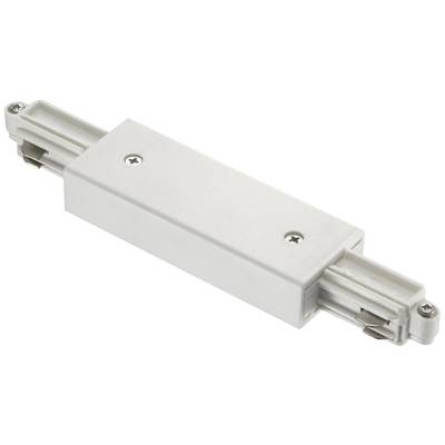 Egy fehér elektromos csatlakozó két fémcsappal mindkét végén fehér felületen fekszik.