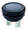 Fekete, kerek nyomógomb három fémcsatlakozóval, amely alkalmas nyomtatott áramköri lapra történő szerelésre.