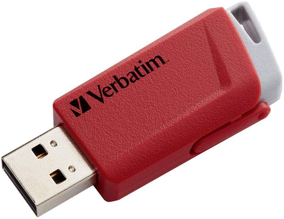 Fehér háttér előtt egy piros Verbatim USB pendrive szürke részletekkel.