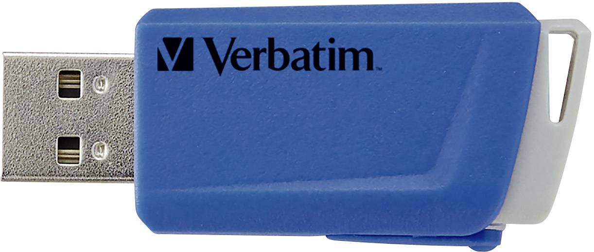 Kék USB-pendrive Verbatim logóval nyomtatva, adatok tárolására és átvitelére alkalmas; téglalap alakú, védősapkával ellátott.