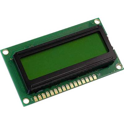 Egy zöld LCD-kijelző egy 16 csatlakozóval rendelkező áramköri kártyán, amelyet gyakran használnak elektronikai projektekben szöveg megjelenítésére.