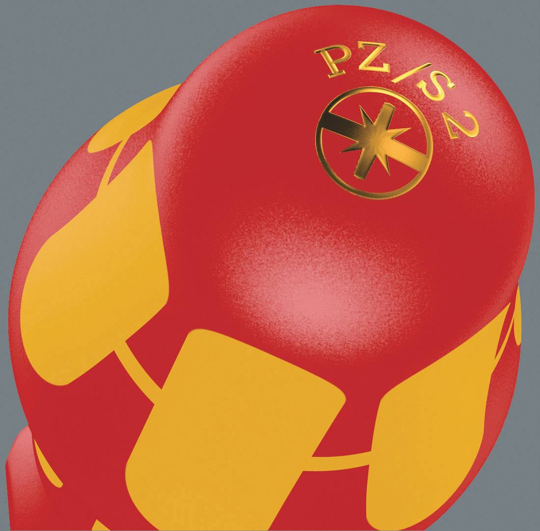 Piros csavarhúzó markolat sárga, csúszásmentes felületekkel és 'PZ/S2' felirattal.