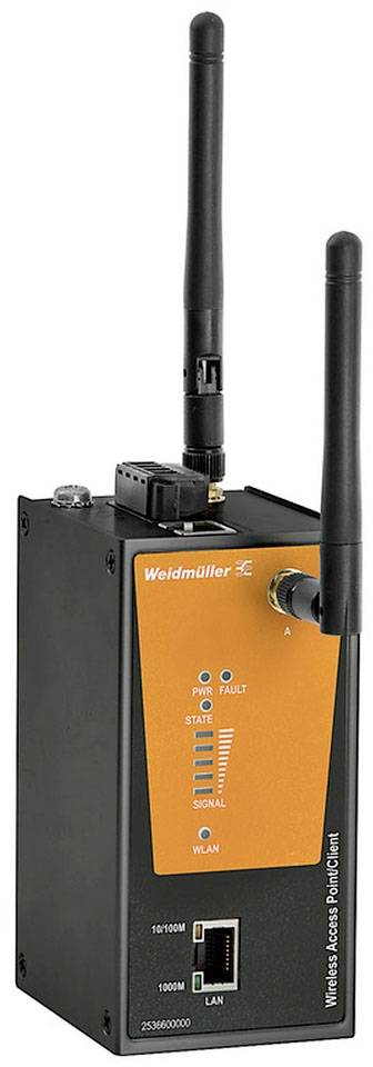 Egy Weidmüller ipari router két antennával és LAN-csatlakozóval, amely alkalmas vezeték nélküli hálózati csatlakozásra.