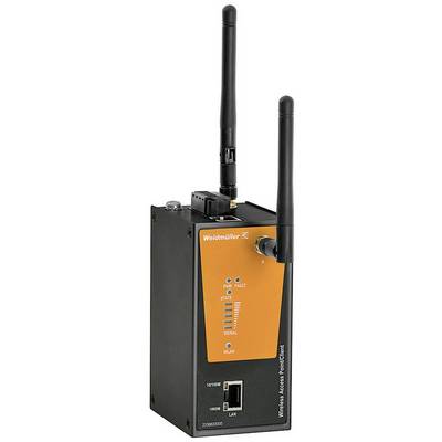 Egy Weidmüller ipari router két antennával és LAN-csatlakozóval, amely alkalmas vezeték nélküli hálózati csatlakozásra.